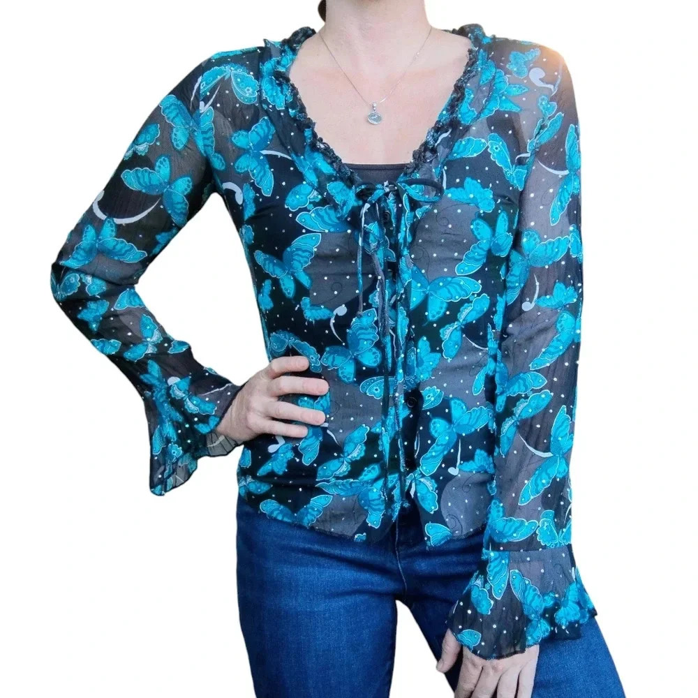 No Boundaries Y2K Sheer Butterfly Sequin Long Flare Sleeve Button Down Top Small